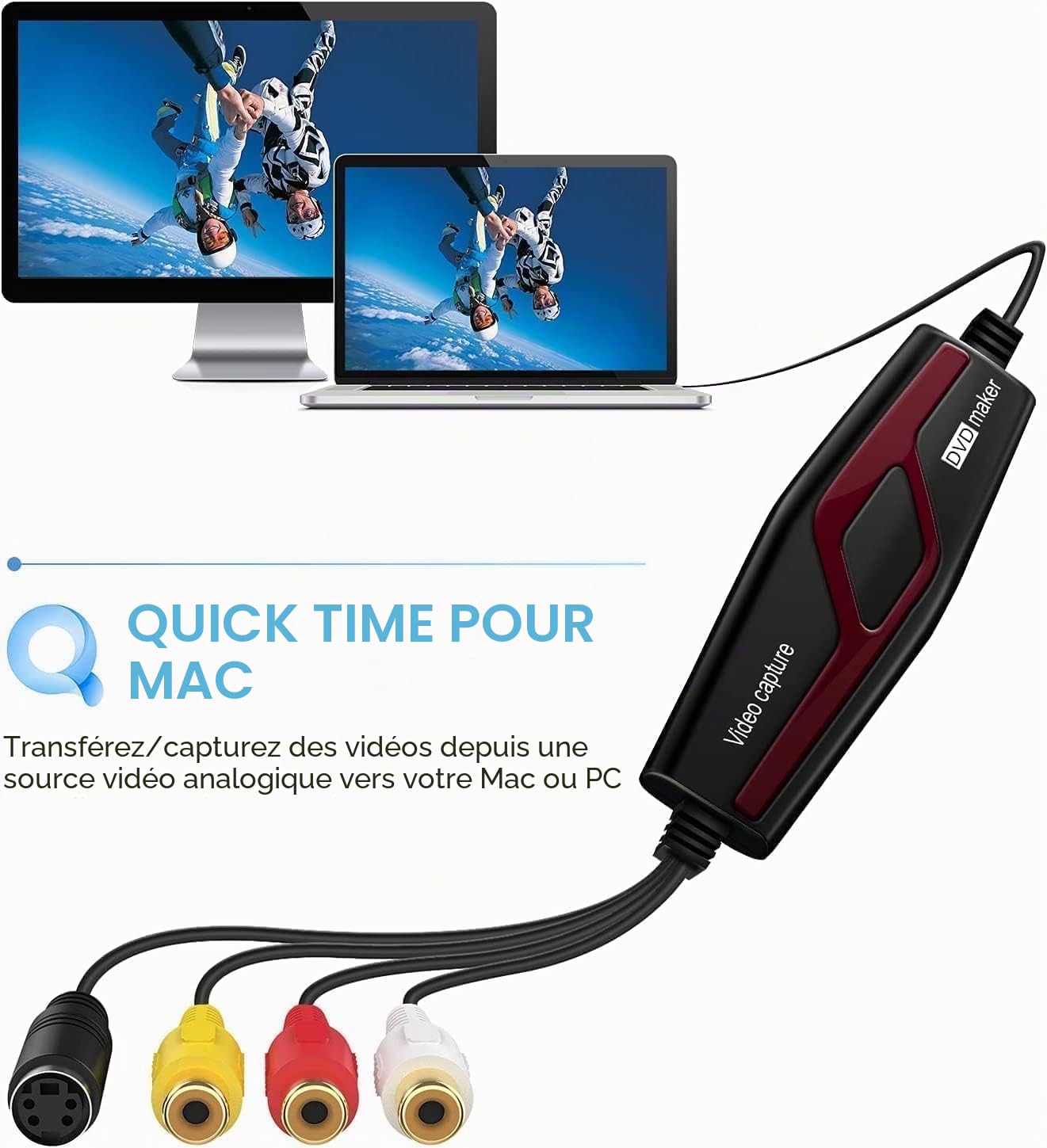 VIXLW Vidéo Capture - Convertisseur vidéo pour RCA vers USB - Convertisseurs VHS VCR Hi8 Mini DV en numérique - pour PC, TV, Lecteur de Cassette, caméscope, Mac OS X ou Windows(Noir-1)