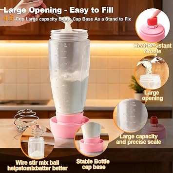 Pancake Batter Dispenser Bottle Kit (Pink) | Pancakes Mixer with Shaker Ball Stainless Steel Whisk and Brush,Squeeze Bottles for Cupcake Muffin Waffle Crepe