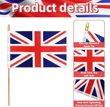 Pack of 20 Handheld UK Flags 5x8 Inch (14 x 21 cm), Small British Union Jack Flag on Sticks with Gold Top, Mini UK Flags for Parades, British National Day, International Event, Patriotic Decorations