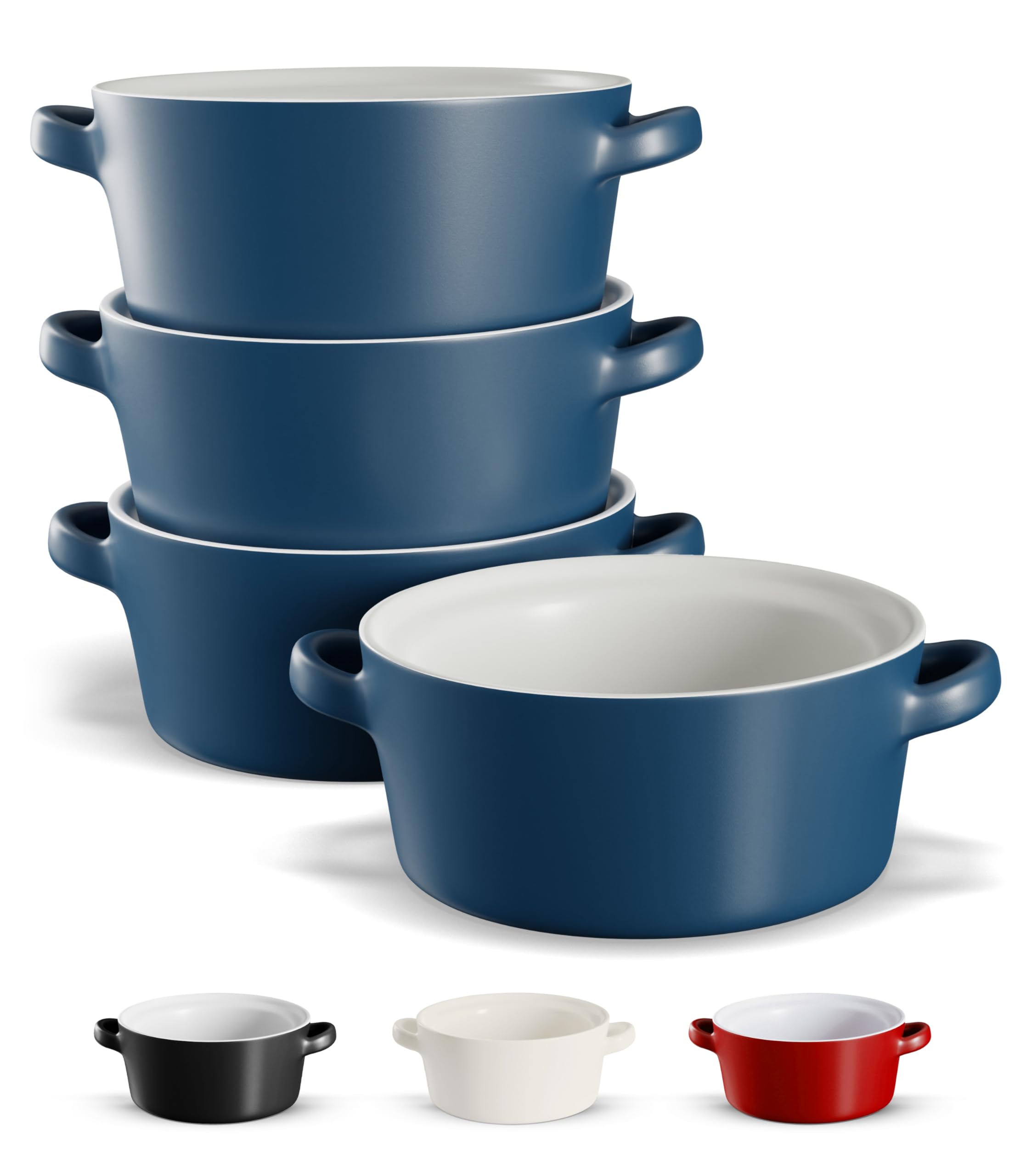 Soup Bowls with Handles, Ceramic Oven Safe Bowls, Kook Individual Soup Crocks, Stackable Dish, Broil, Oven, Microwave and Dishwasher Safe, for Casserole, Pasta, Cereal, 23.6 Oz, Set of 4, (Matte Blue)