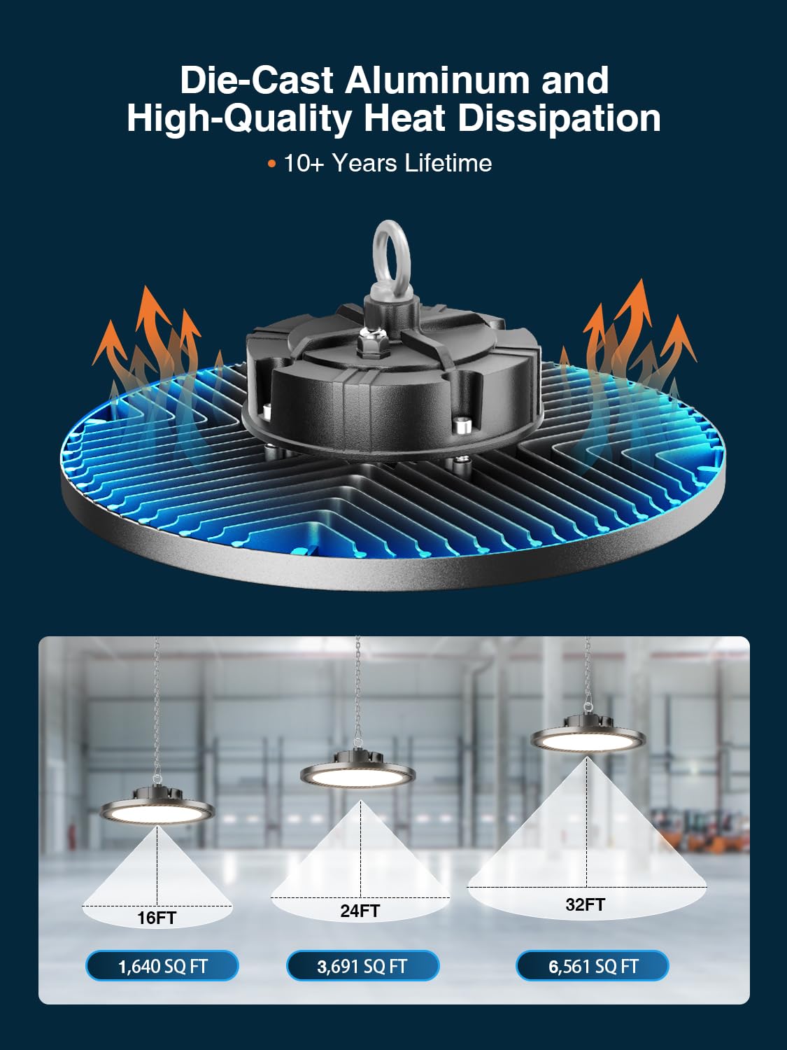 Super Bright 21000lm 5000k 150w 10 Pack UFO Led High Bay Shop Lights with 5Cable 3-Pin Plug Hook — view 6