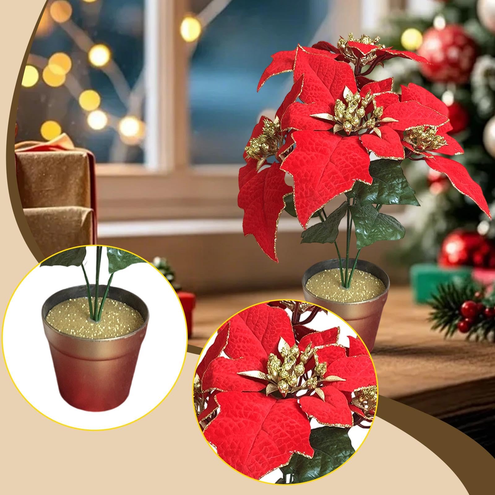 predolo Flor de Pascua Artificial, Adorno Decorativo Festivo, Planta de Flor de Pascua Roja en Maceta para Fiestas, Chimenea, Jardín, Festivales Y Navidad