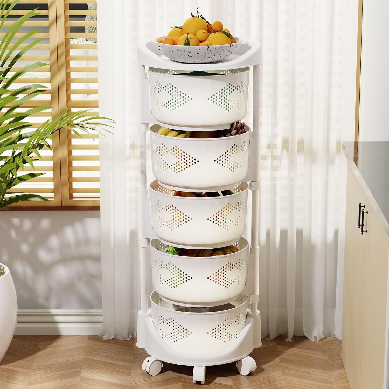 5 Tier Large Kitchen Storage Cart, Circular Rotating Basket, Storage Rack with 360 Degree Wheels, Fruit Vegetable Shelf, Rotatable Basket for Kitchen Bathroom White Five Layers