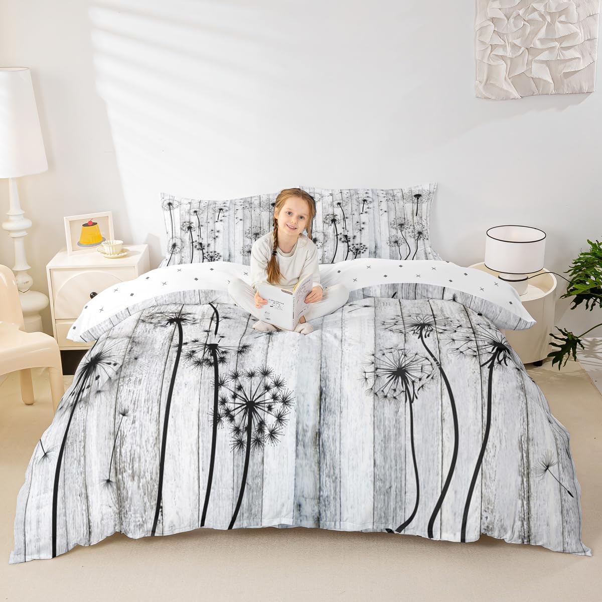 Dandelion Comforter Cover,Rustic Farmhouse Duvet Cover For Kids Teens Adult,Farm Country Weed Wish Dandelion Woodland Bedding Set Queen Size,Western Retro Floral Plant Bed Sets With Zipper Closure