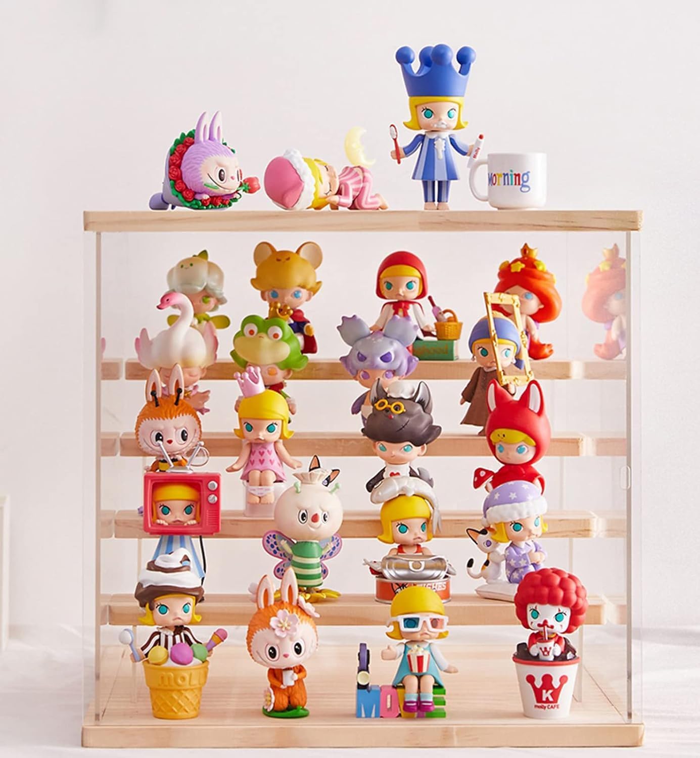 SKADE Acrylic Display Case with Led Light 5 Level Stand, Clear Display Case with Door, Countertop Acrylic Boxes for Display Action Figure Toy Doll Collection Minifigure, Wood Dustproof Showcase