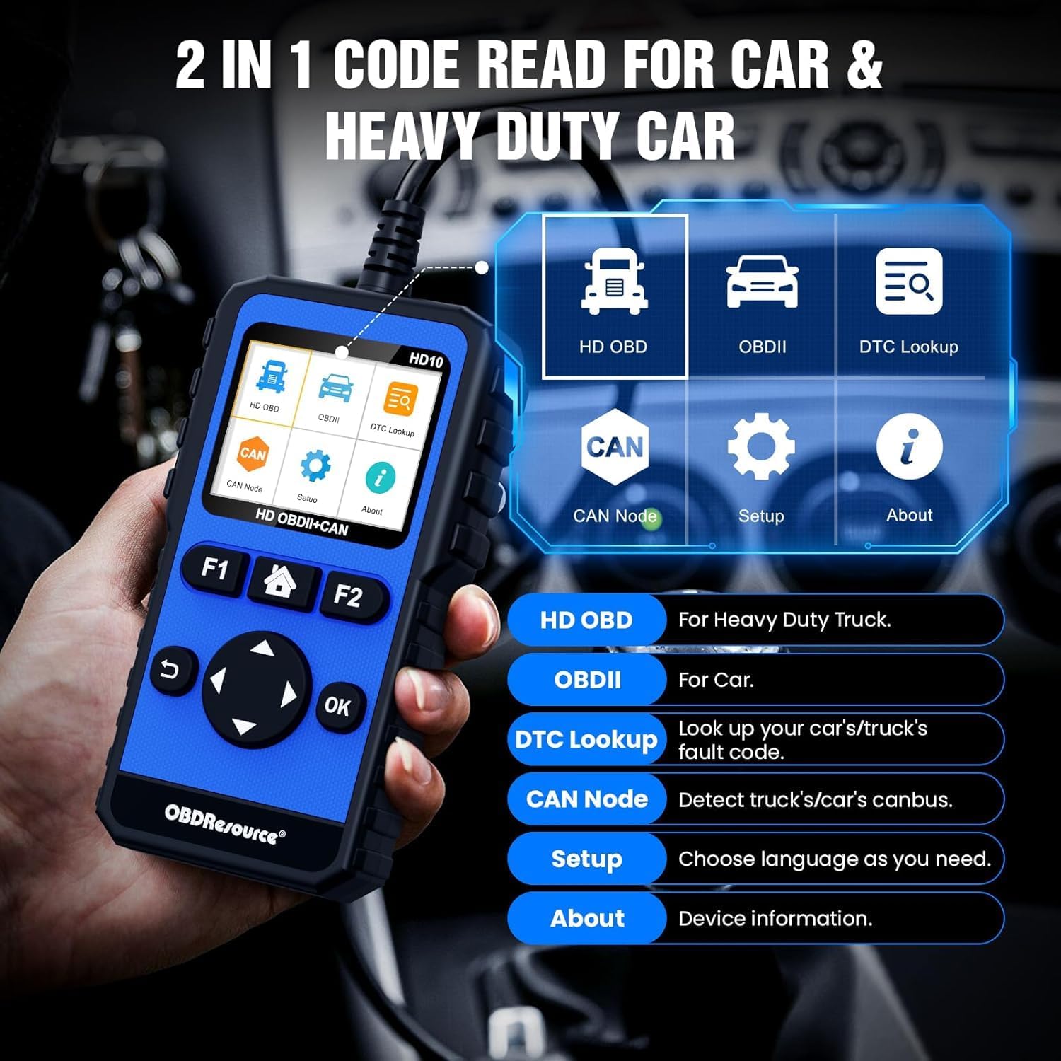 JDIAG HD10 held in hand, displaying the main menu with options like HD OBD, OBDII, DTC Lookup, CAN Node, Setup, and About.