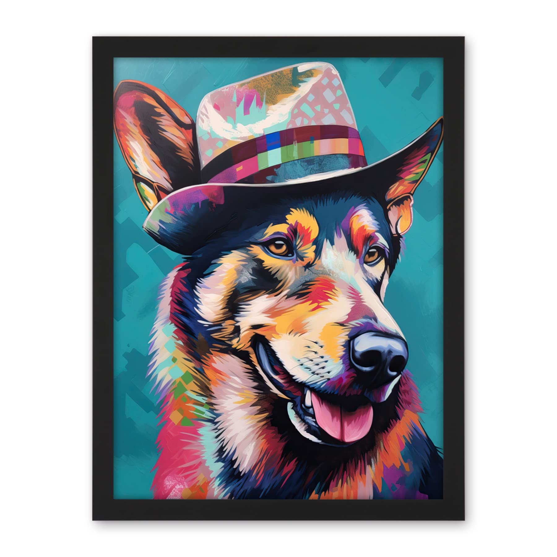 Artery8 German Shepherd with Fedora Hat Vibrant Portrait Artwork Framed Wall Art Print 18X24 Inch