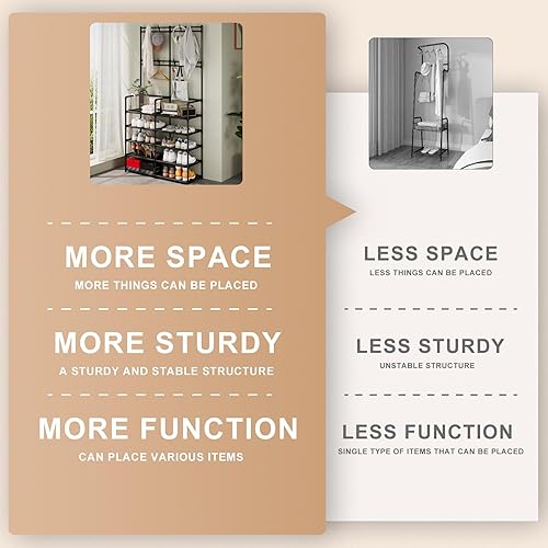 Miniatura 9 de UDEAR Perchero de 5 niveles para abrigos y zapatos, perchero de entrada con 8 ganchos, organizador de zapatos de doble fila para sala de estar