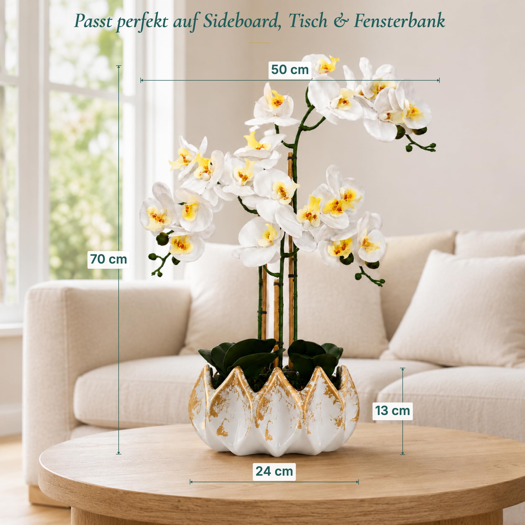 Orchidées artificielles comme de vraies fleurs blanches 70 cm – Fleurs artificielles en pot faciles d'entretien, sans arrosage, fabriquées à la main au Portugal avec mousse, bambou et
