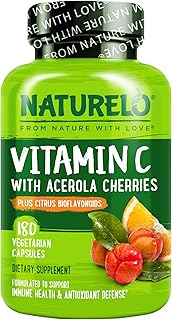 NATURELO Vitamin C with Organic Acerola Cherry Extract and Citrus Bioflavonoids - Vegan Supplement - Immune Support - 500 mg VIT C per Cap - Non-GMO - 180 Capsules