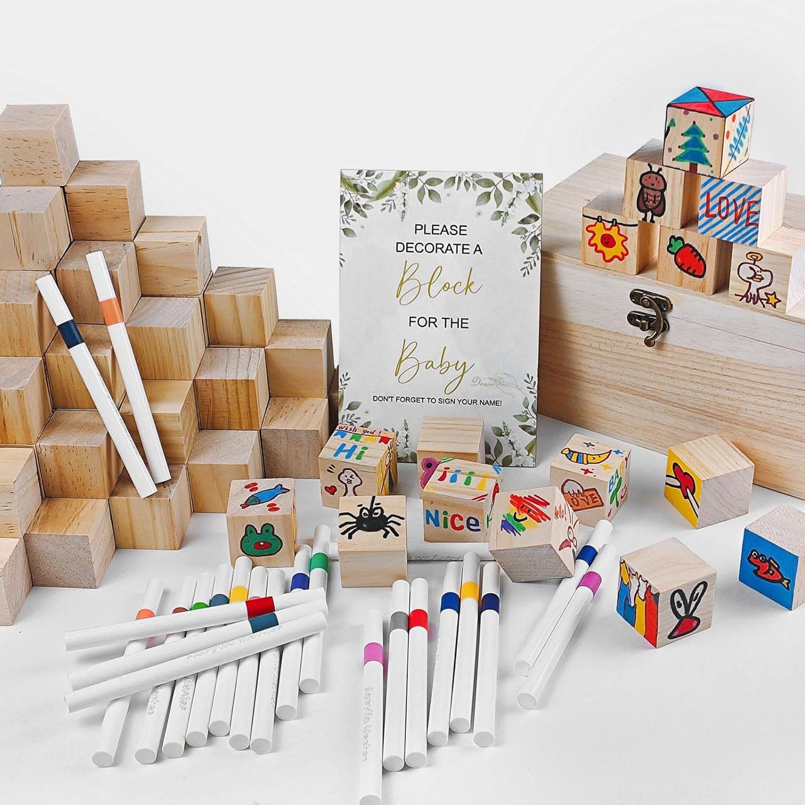 YWBL-WH Set di Giochi per Blocchi per Baby Shower, Kit di Pittura per Blocchi di Legno Vuoti, 48 Pennarelli, Modelli di Segni per la Decorazione, attività di Souvenir per Feste