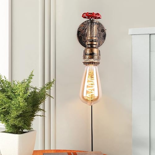 Miniatura 7 de Juego de 2 lámparas de pared industriales con cable enchufable para iluminación de noche de dormitorio, cepillo de latón, tubo de agua dorado,