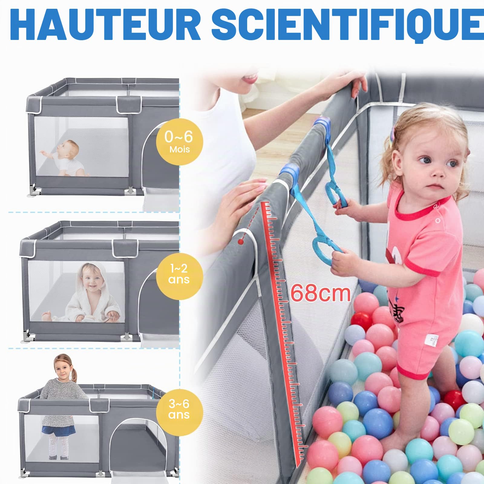 UISEBRT Parc pour bébé avec base antidérapante et filet respirant, grille de barrière stable, centre d'activités pour enfants, gris foncé, 127 x 127 cm