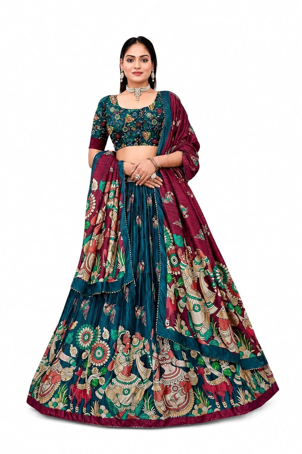 Women’s Peacock Blue & Maroon Dola Silk Lehenga Choli with Dupatta, Digital Printed Designer Wedding Lehenga for Navratri, Party Wear, Festive Ghagra Choli-image-23