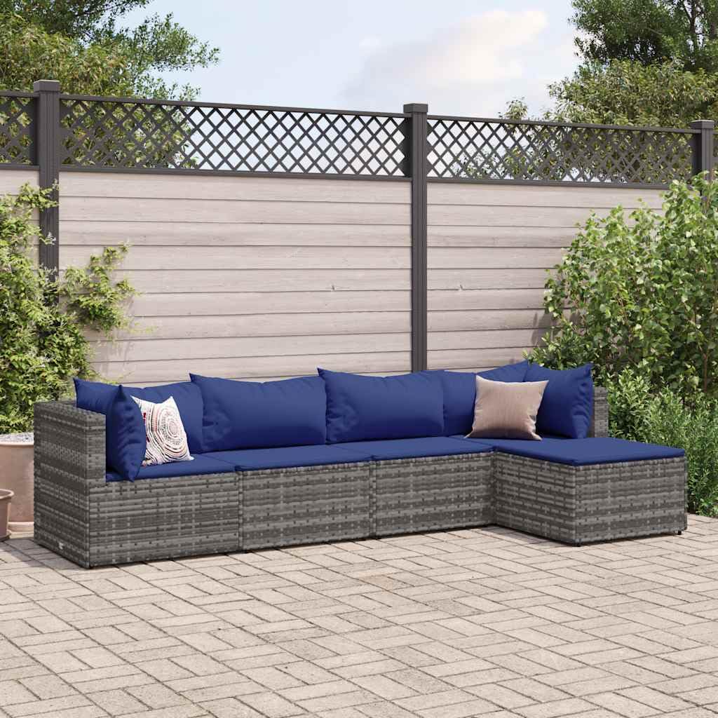 5-częściowy zestaw mebli ogrodowych, szary polirattan, z poduszkami, modułowy zestaw mebli outdoorowych na taras, balkon, werandę, odporny na promieniowanie UV, łatwy w pielęgnacji