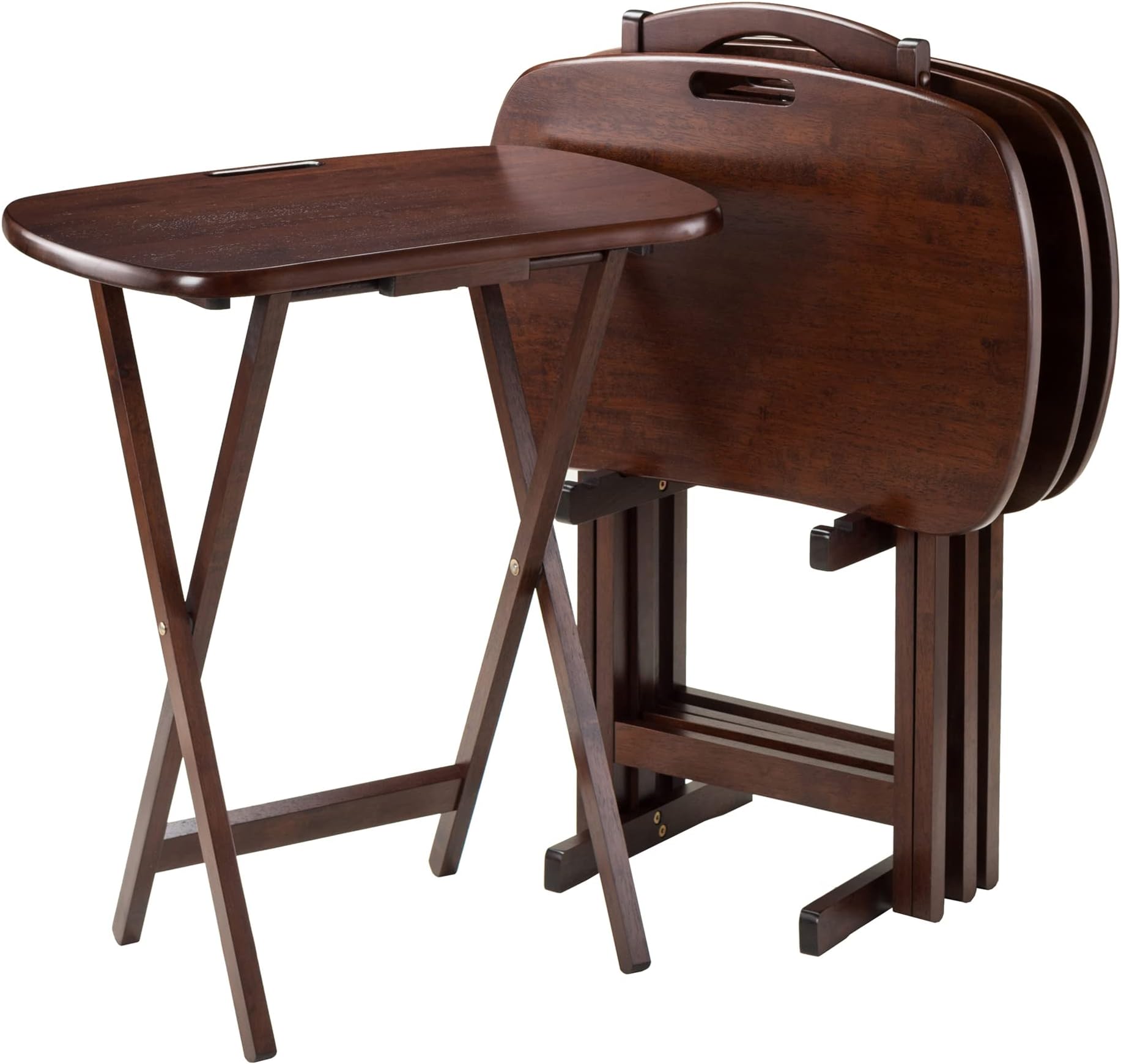 Winsome Lucca Snack Table Set with Stand, for Living Room, 26", Walnut, Set of 4 Tables