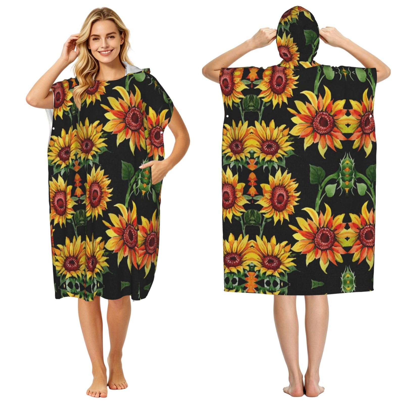 Beautiful Sunflowers Print Changing Robe, Hooded Towel Poncho For Swimming Pool, Beach,Quick Dry Light Weight Towelling Poncho