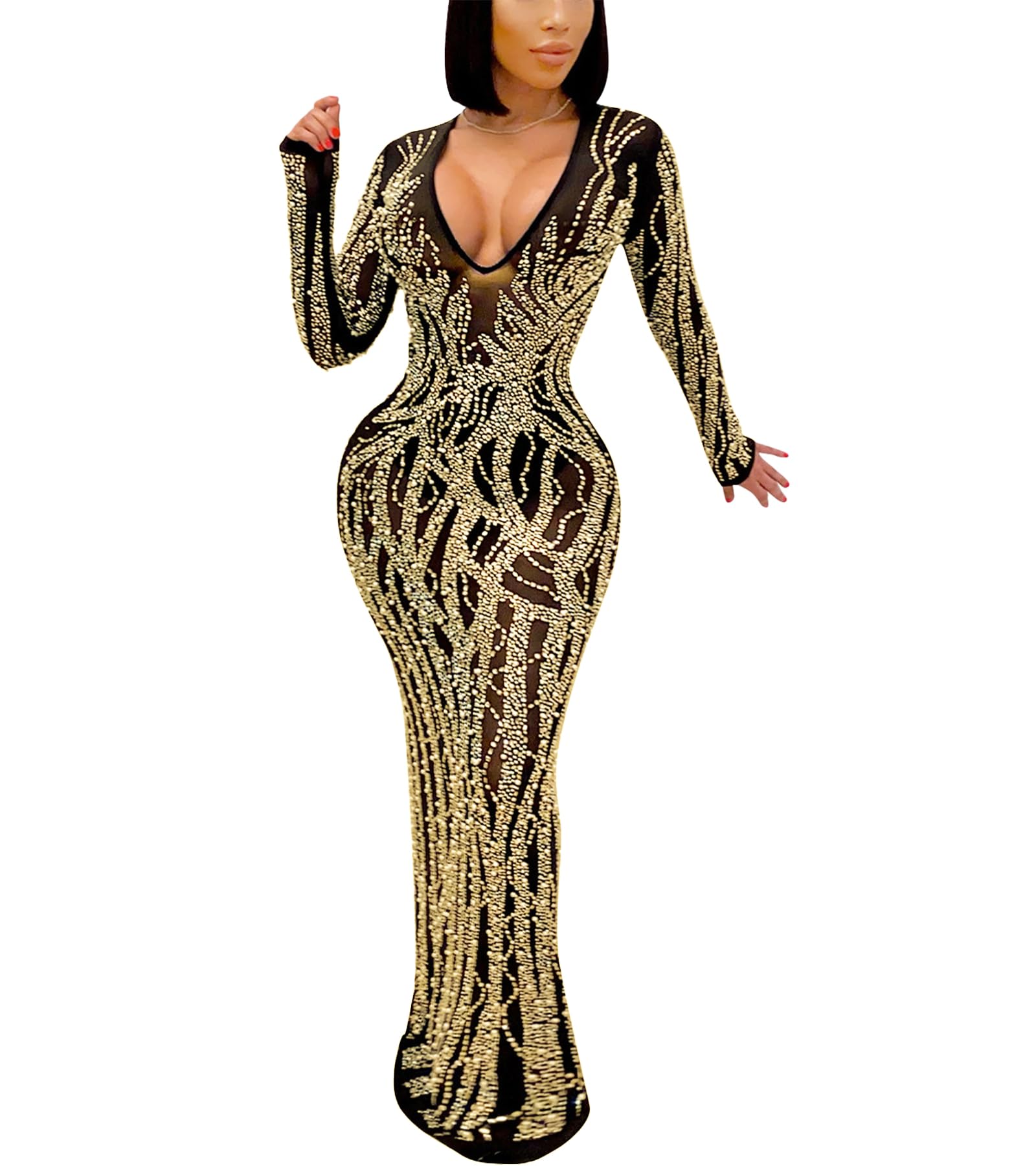 PORRCEY Sexy Elegant Rhinestone Dress for Women Mesh See Through Bodycon Birthday Cocktail Party Club Night Evening Gowns