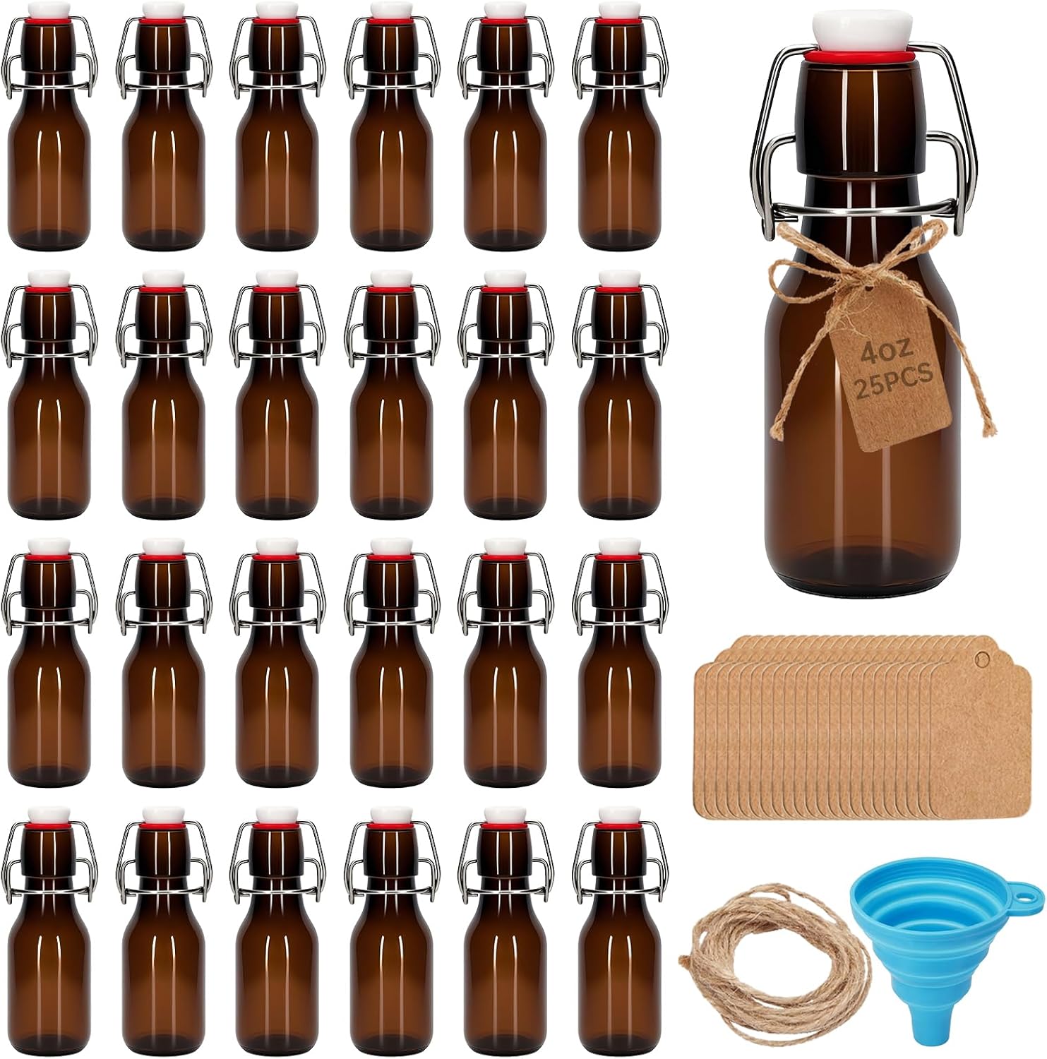 25Pcs 4 oz Amber round Mini Swing Top Glass Bottles with Stoppers Small Flip Top Bottles with Airtight Lids for Crafts Decoration Wedding Themed Party Favors (25)