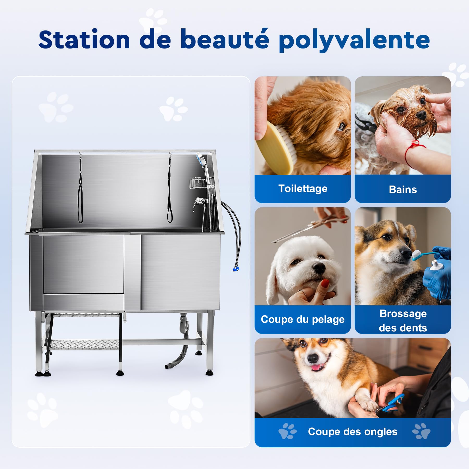 Baignoire de Toilettage pour Chien 127CM Capacité 115KG en Acier Inoxydable 304 Station de Bains pour Grands Chiens avec Escaliers et Pomme de Douche, pour Maison Hôpital Animalerie