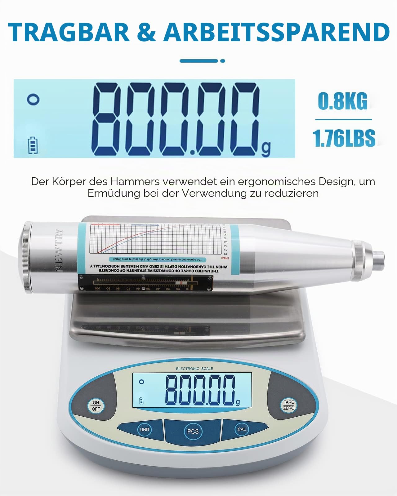 NEWTRY Tragbarer Beton-Rückprallhammer-Tester, 10–60 MPa, Resiliometer, Hammer, Testgerät, Werkzeug, HT-225