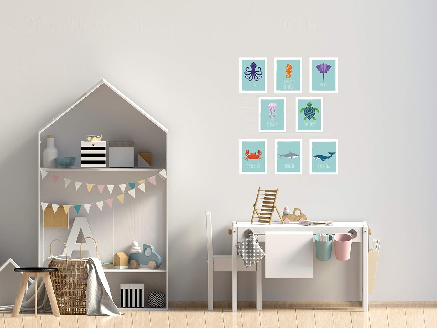 Kindred Sol Collective Ocean Animals Wall Cards Spanish, Nautical Nursery Room Decor, Kids Marine, Prints for Bedroom or Classroom, set of 8 5x7”