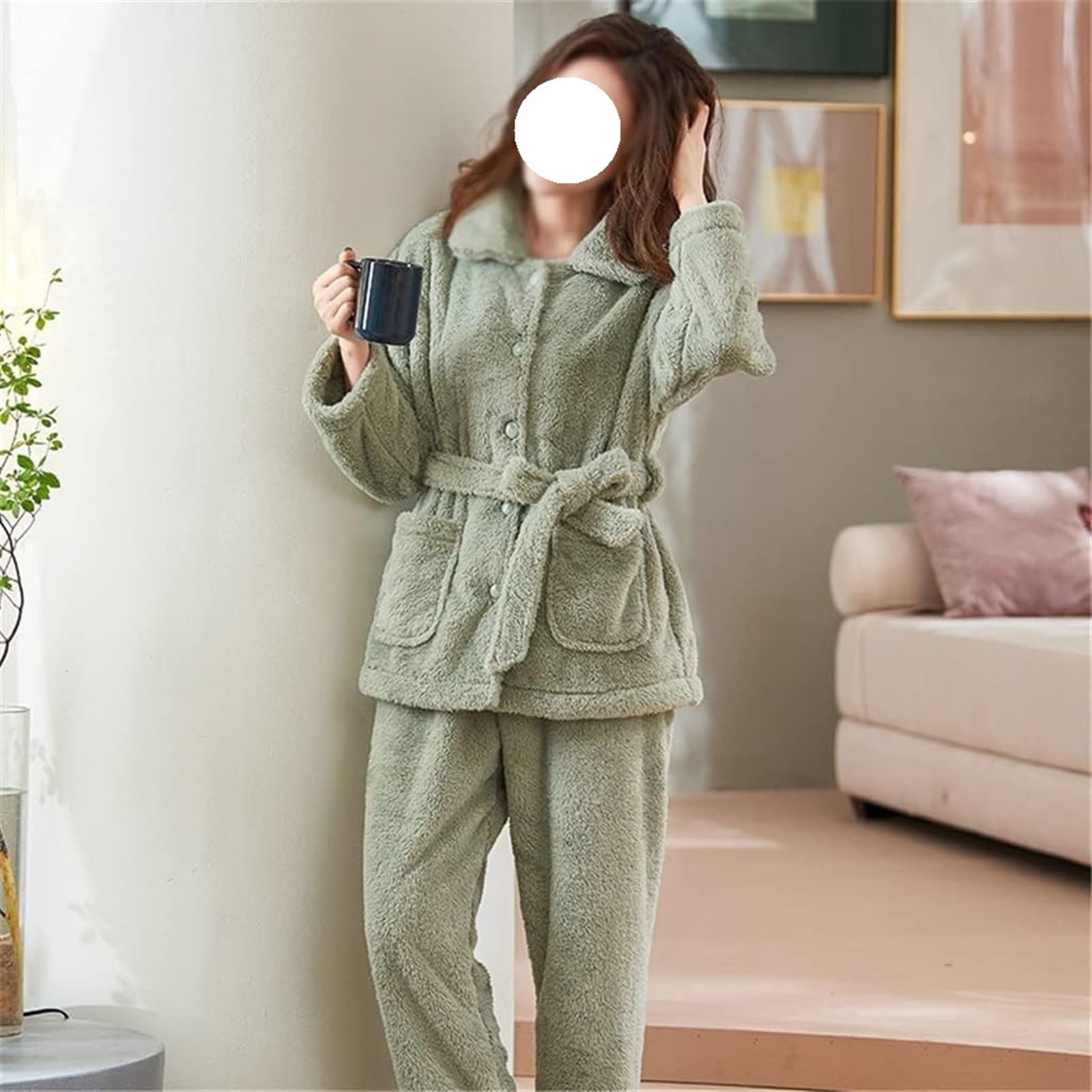 Albornoz Para Viajes Piscina Conjunto De Pijamas Para El Hogar, Franela Engrosados ​​de Invierno, Ropa Dormir Manga Larga Para Mujer Ropa De Dormir