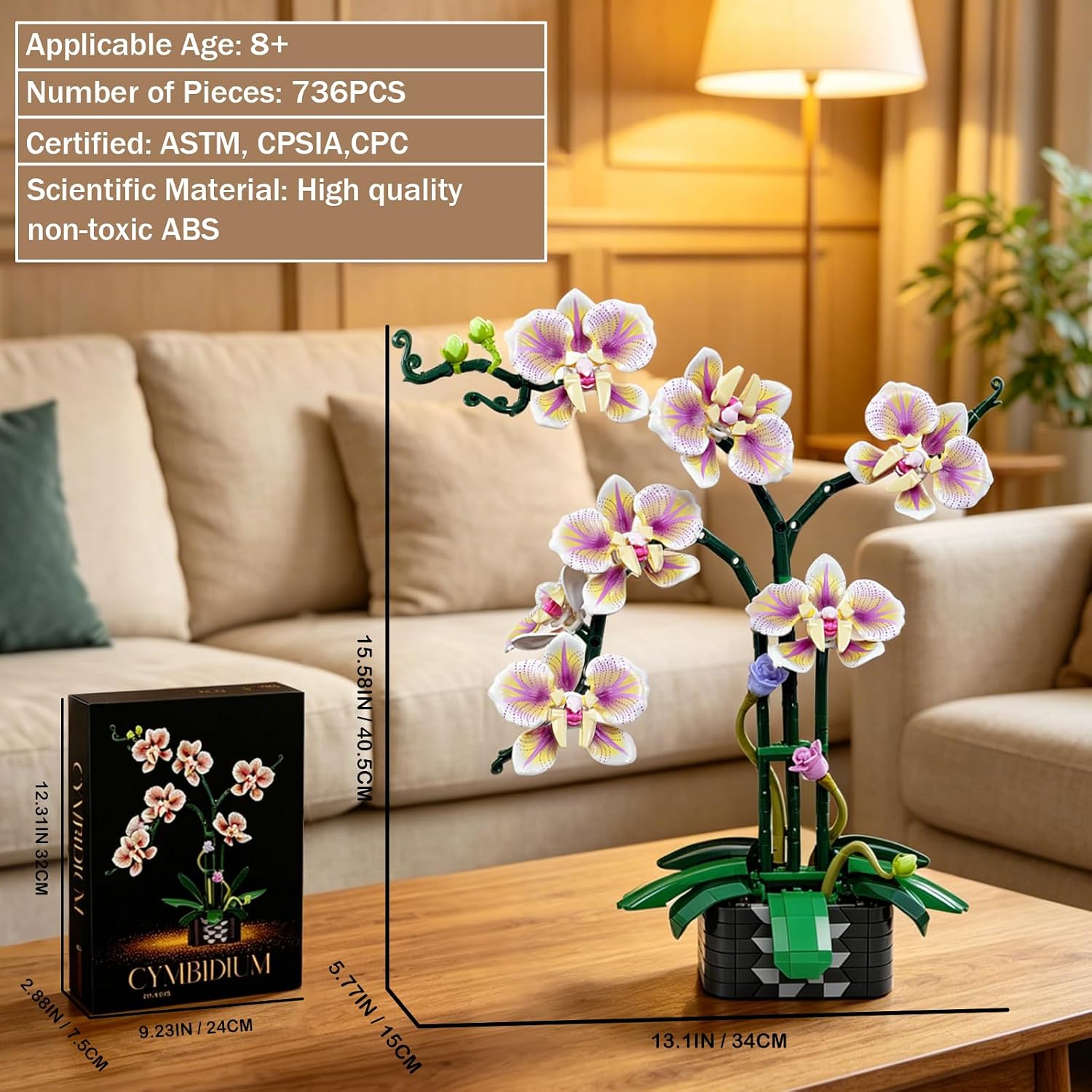 Orchid Flower Building Block Set,Compatible with Lego Flower Featuring Printed Floral Patterns on The Blocks' Petals, Ideal for Tabletop displays and as (Pink, 736PCS)