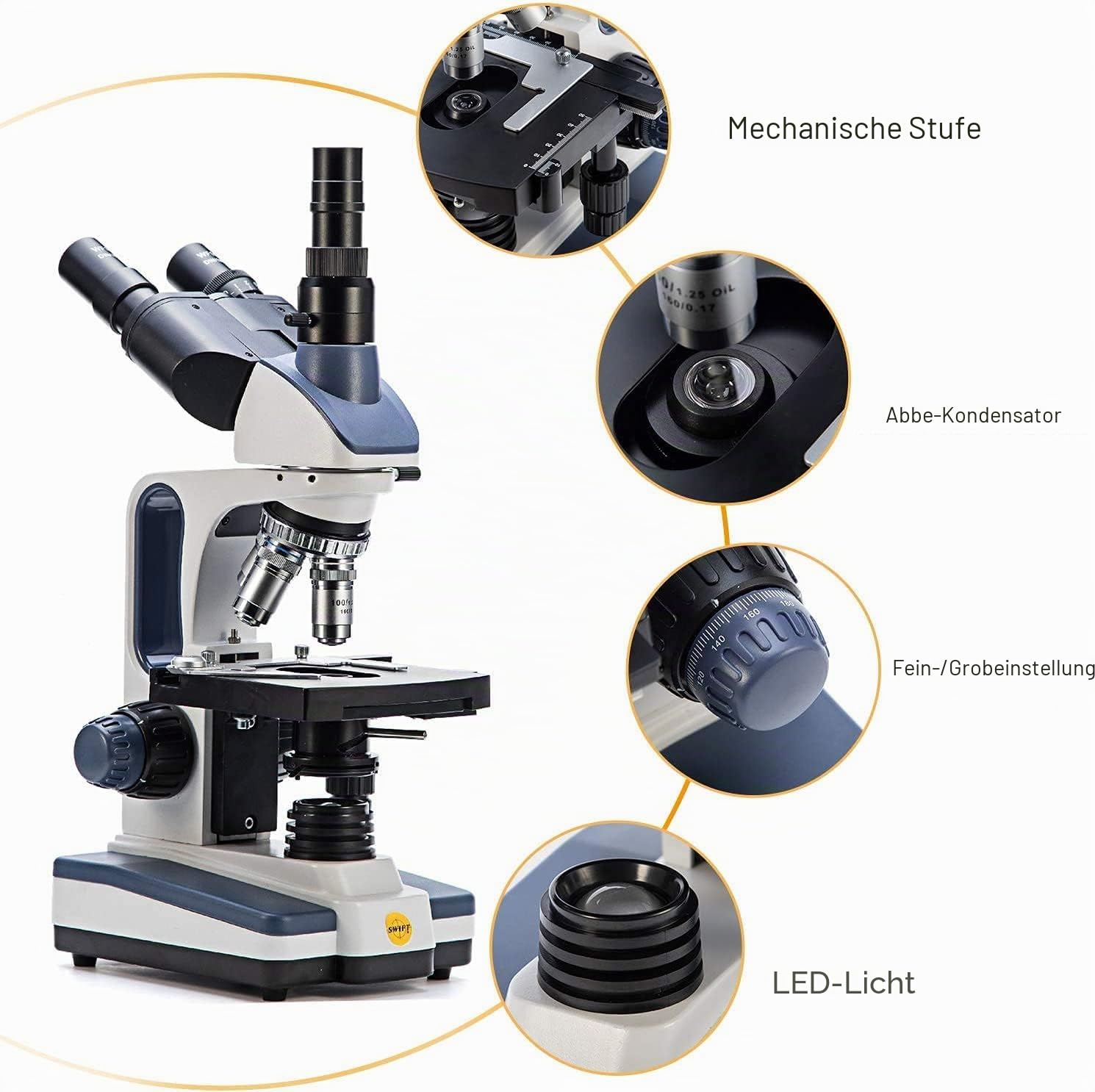 Swift SW350T Trinokular mikroskop, 40- bis 2500-fache Vergrößerung, zweistufiger Objekttisch, mit 5,0-MP-Kamera und Windows/Mac-kompatibler Software sowie 5 präparierten und 5 leeren Objektträgern