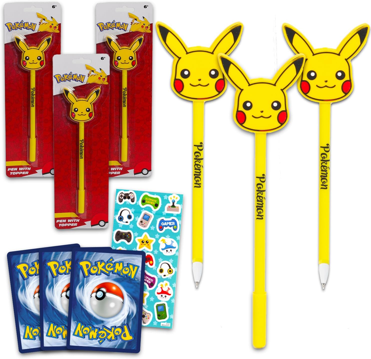 Nintendo Pokemon Pens Set - Bundle with 3 Pokemon Pens with Pikachu Head Topper, Pokemon Cards, and More | Pokemon Office Supplies