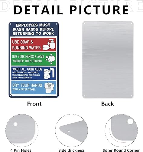 Miniatura 6 de Employees Must Wash Hands Before Return to Work Divertido póster de estaño de diseño con símbolos Letrero de metal de aluminio, ideal para baño,