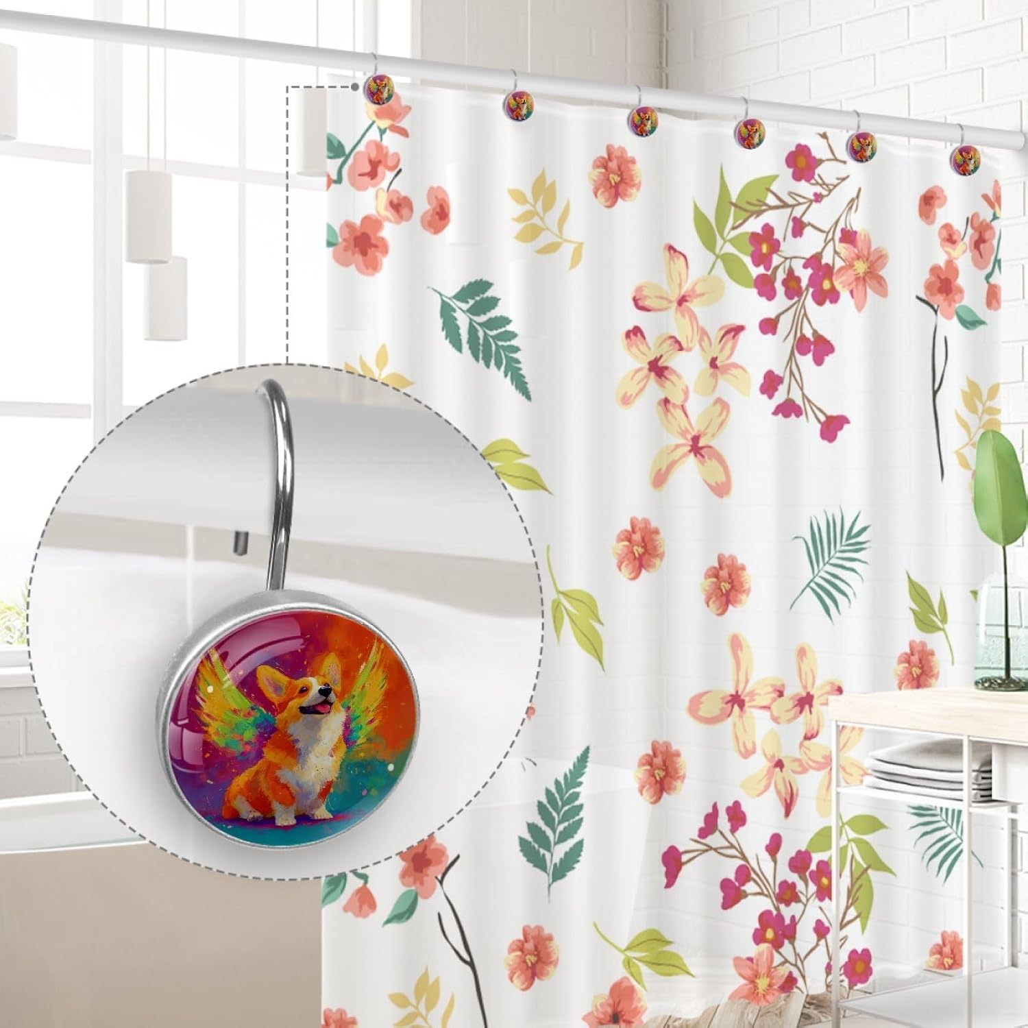 12 PCS Watercolor Corgi Dog with Wings Shower Curtain Hooks, Rustproof Crystal Glass Shower Curtain Rings Decorative Shower Hooks, Round Shower Rings Hangers, Home Bathroom Bedroom Decor