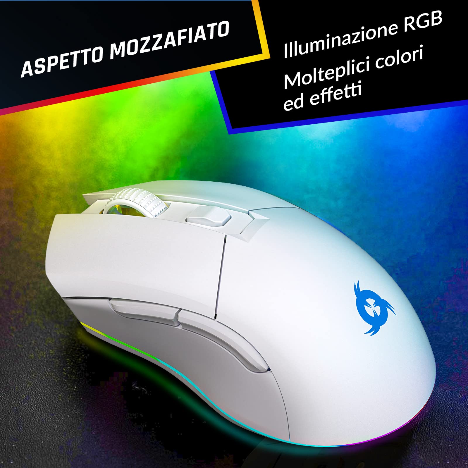 KLIM Blaze Pro Sensore ad Alta Precisione con Batteria a Lunga Durata | Mouse da Gioco Wireless RGB Ricaricabile con Stazione di Ricarica, Fino a 6000 DPI, Libertà Totale per Dominare - Bianco