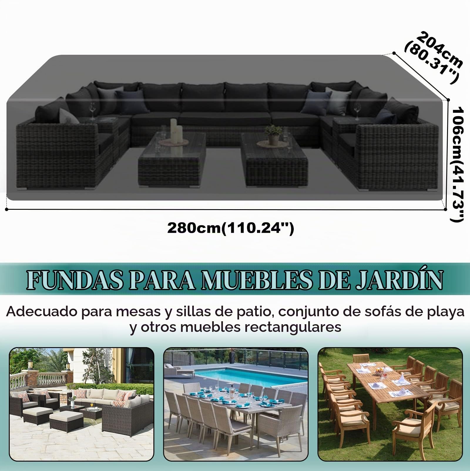GARPROVM Funda para Muebles de JardínImpermeable, Cubierta Exterior de Tela Oxford para Conjuntos de Sofá y Mesa de Exterior, Protección contra Lluvia y Polvo para Mobiliario de Patio (280x204x106cm)