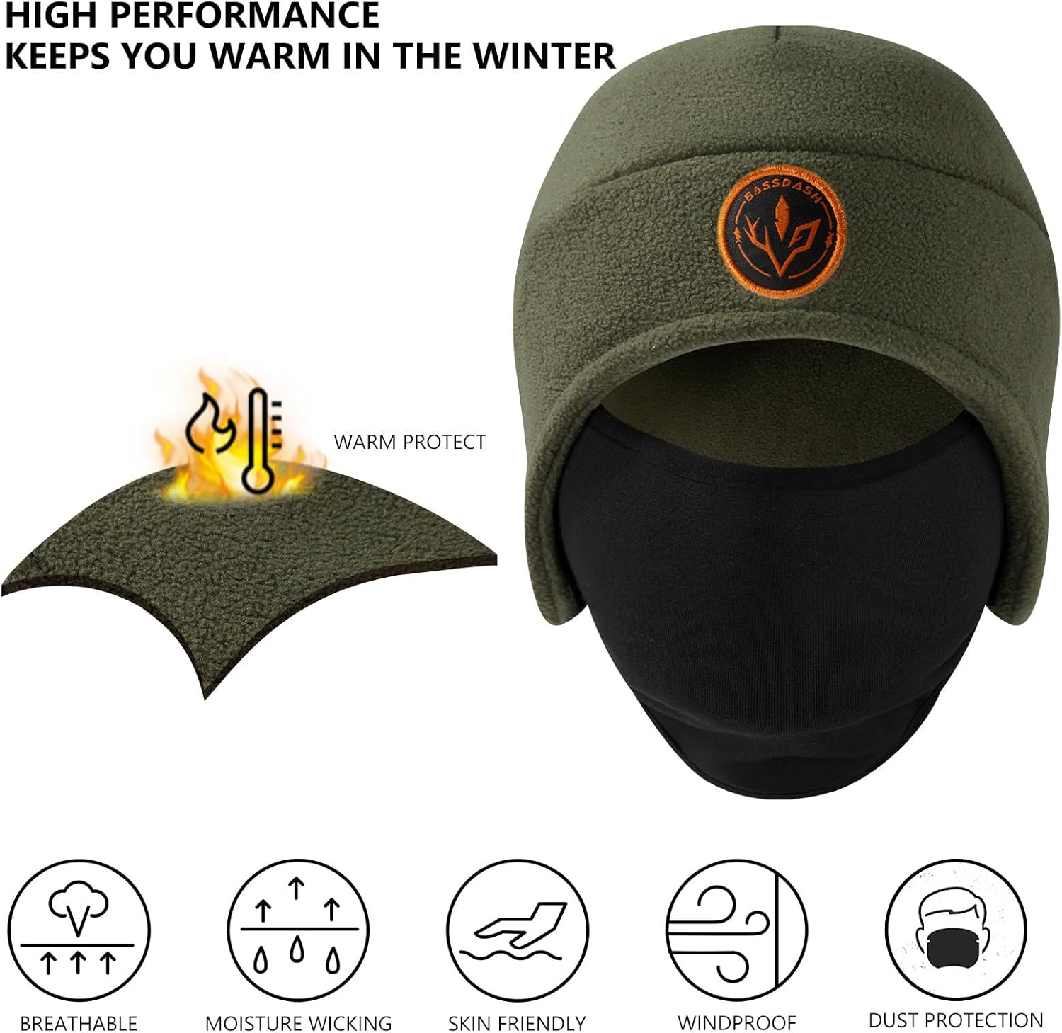BASSDASH Soft Fleece 2-in-1 Hat with Ski Mask Ear Flap Ice Fishing Hunting Beanie for Men Women Cold Weather Winter - Image 5