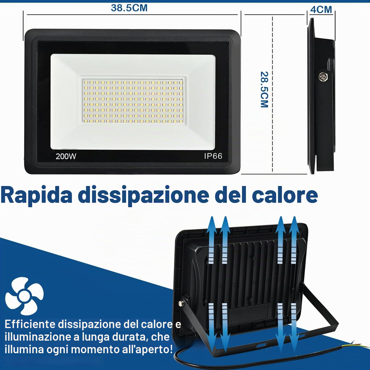 200W Faretto LED da Esterno, Super Luminosa 20000LM Faro LED Esterno Impermeabile IP66, 6500K Bianco Freddo Faretti LED, per Giardino, Cortile, Garage, Pareti