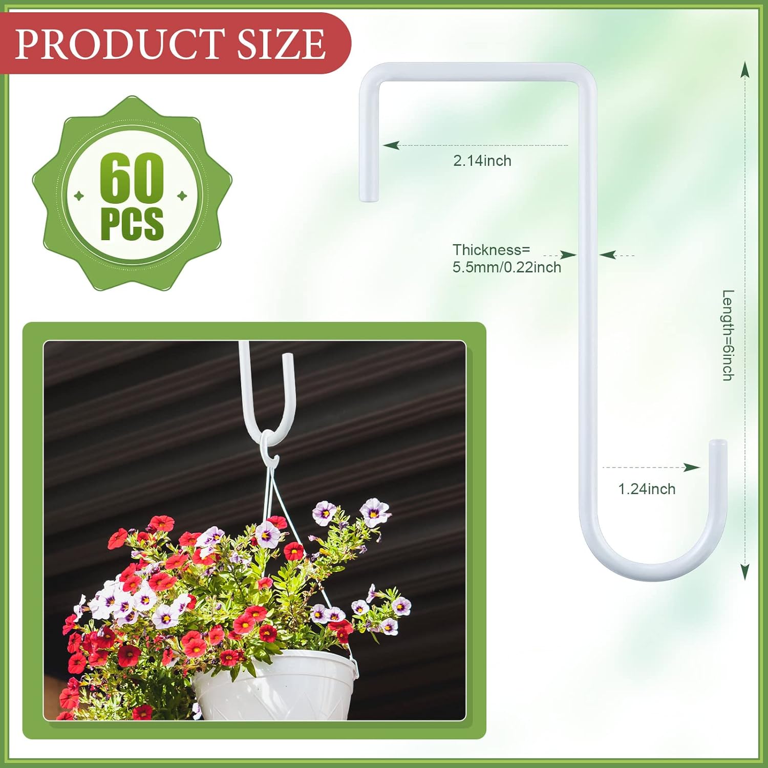 LEIFIDE 60 Pcs White Vinyl Fence Hooks 2 x 6 Inch Patio Hangers Hanging Powder Coated Steel Fence Hooks Lattice Shepherds Hook Stick Plant Baskets for Indoor Outdoor Lights Bird Feeder Pool Equipment
