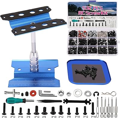 Kimapeso RC Car Repair Work Stand 532 PCS Screw Kit RC Tool Kit RC Screwdrivers Kit and Screws Pallet for 1/8 1/10 1/12 1/16 1/18 RC Car Crawler Truck Buggy