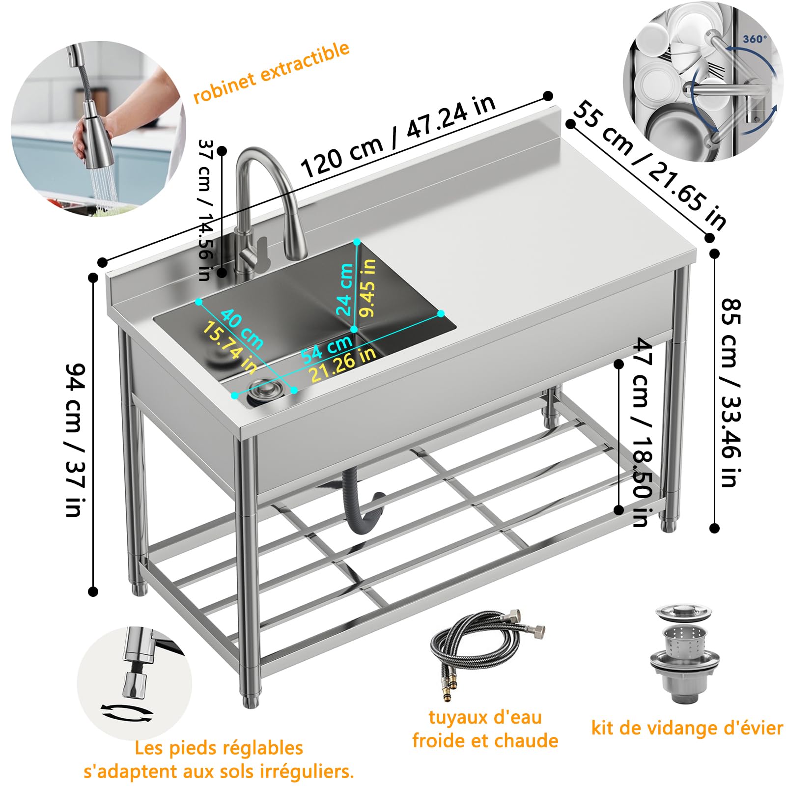 Évier Autoportant en Acier Inox avec Table de Travail, Évier de Cuisine Commercial avec Robinet Extensible, Évier Professionnel pour Extérieur, Cuisine, Garage, Restaurant, 55P x 120L x 94H cm