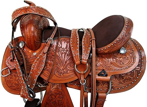 Western Saddle Barril Racing Caballo Placer Floral Tooled Cuero Trail Tack Cowboy Rodeo Set 15 16 17 18