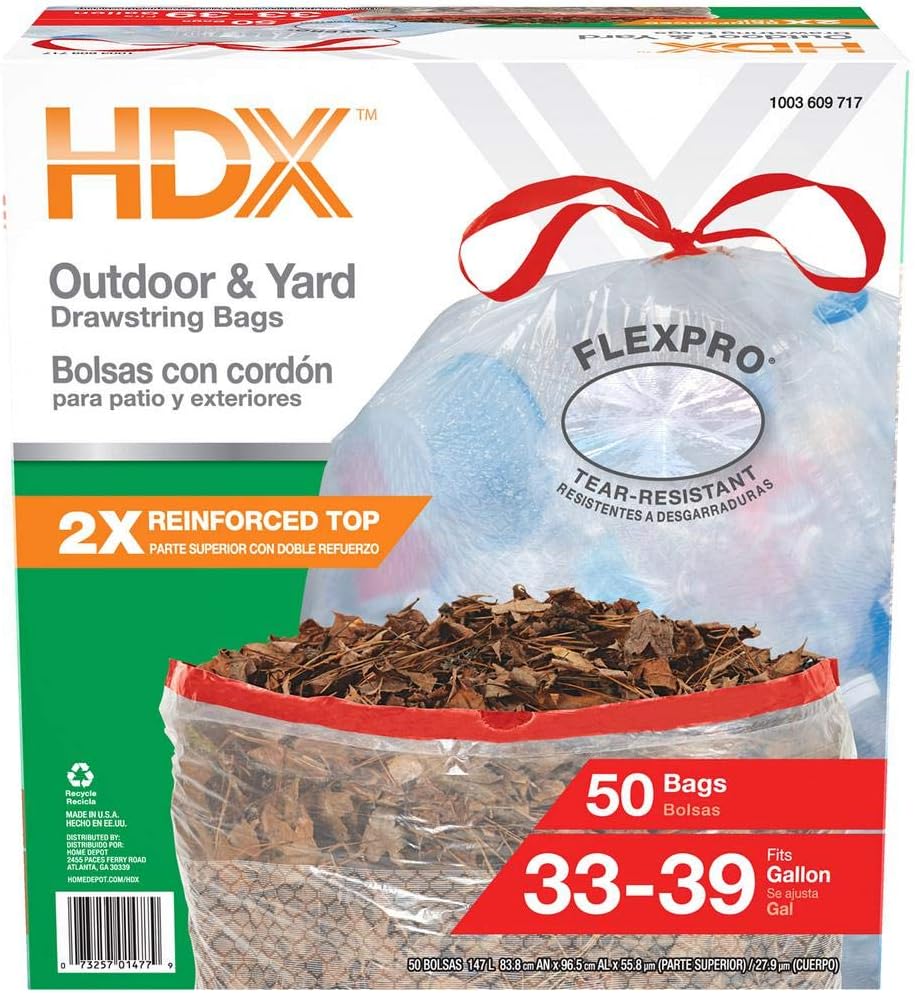 HDX FlexPro 33 Gal. - 39 Gal. Clear Drawstring Outdoor and Yard Trash Bags (50-Count)