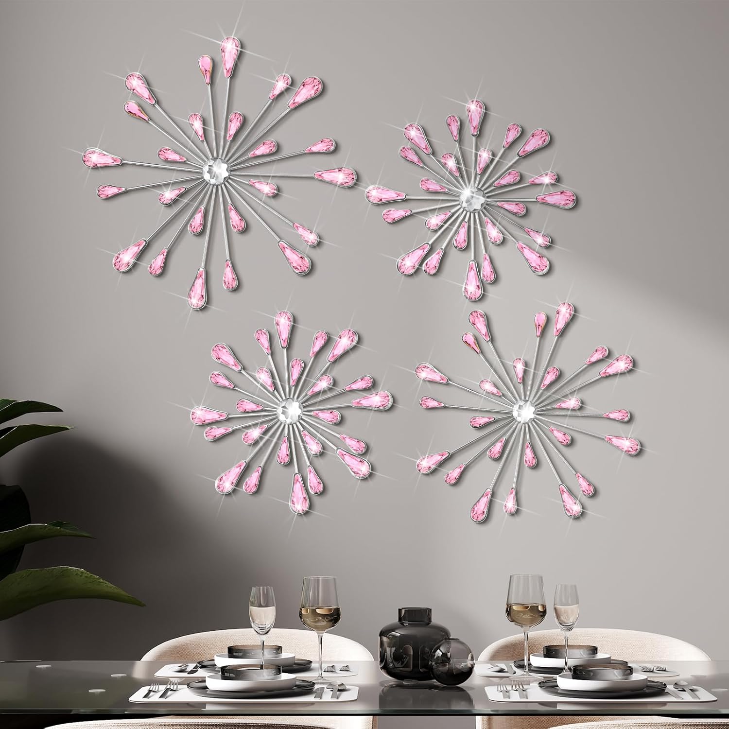 Hicarer 4 Pcs Starburst Wall Decor Bling Wall Art Crystal Teardrop 3D Hanging Rhinestone Radial Metal Artwork Modern Accent Sculptures Decorations for Living Room Home Office Bedroom(Pink)