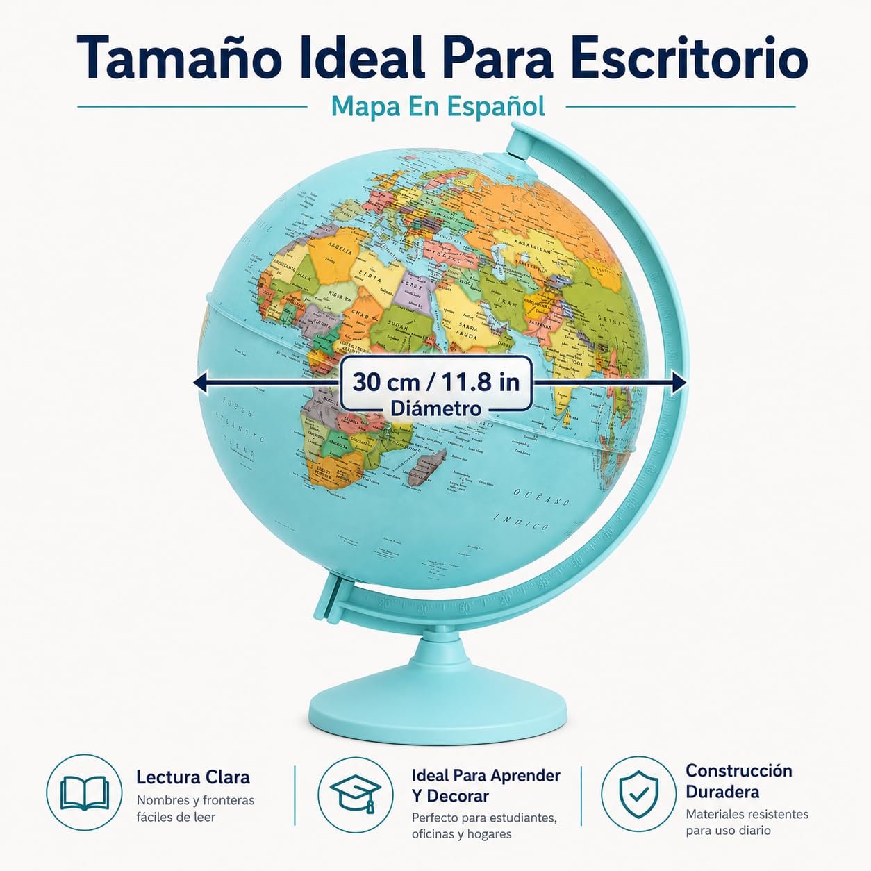 Globo Terráqueo 30 cm Mapa Español Azul Educativo Y Decorativo | Tamaño Grande Base Azul Mapa Político Claro Para Escritorio Aula Biblioteca Habitación Juvenil Y Regalo Educativo