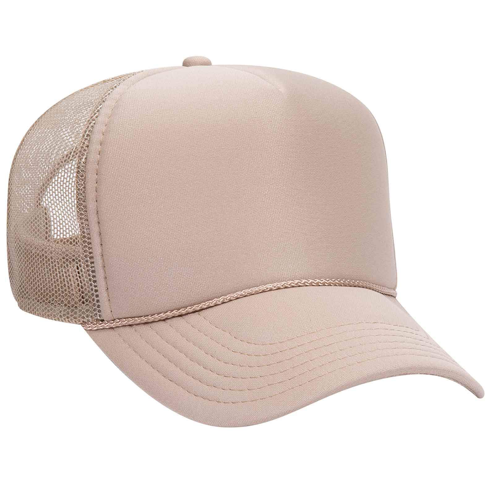 Cap 5 Panel Mid Profile Mesh Back Trucker Hat Polyester Foam Front Khaki