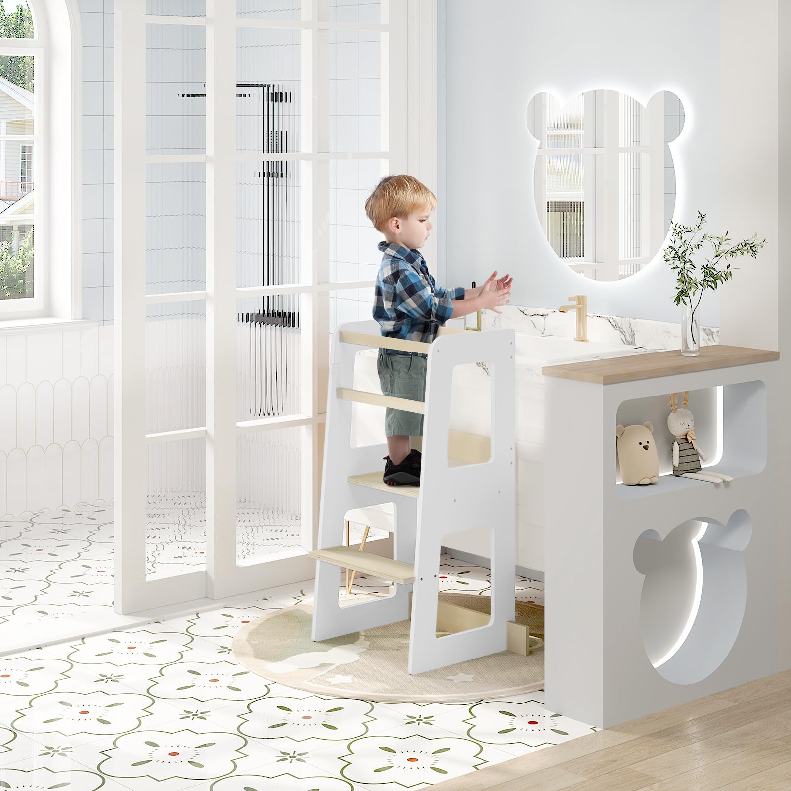WOLTU Lernturm für Kinder ab 1 Jahr, mit Rausfallschutz, Montessori Learning Tower, Entdeckerturm Küchenhelfer Tritthocker, aus Massivholz MDF, bis 50 kg belastbar, Weiß Holzfarbe