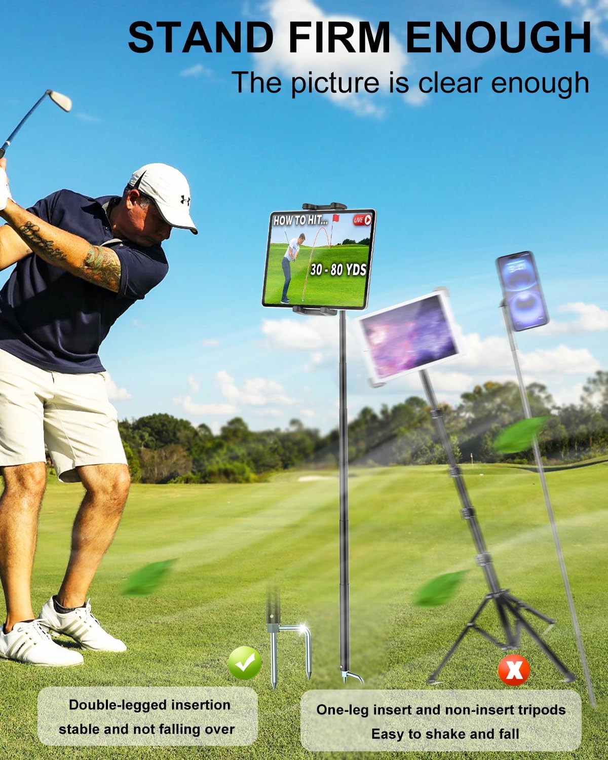 Golf Monopod Stick with 57" Metal Telescopic Pole, Golf Tripod for Recording Swings and Assisting Games Training, Golf Phone Holder for iPad Pro 12.9 Air Mini, iPhone, 4-13'' Phones Tablets