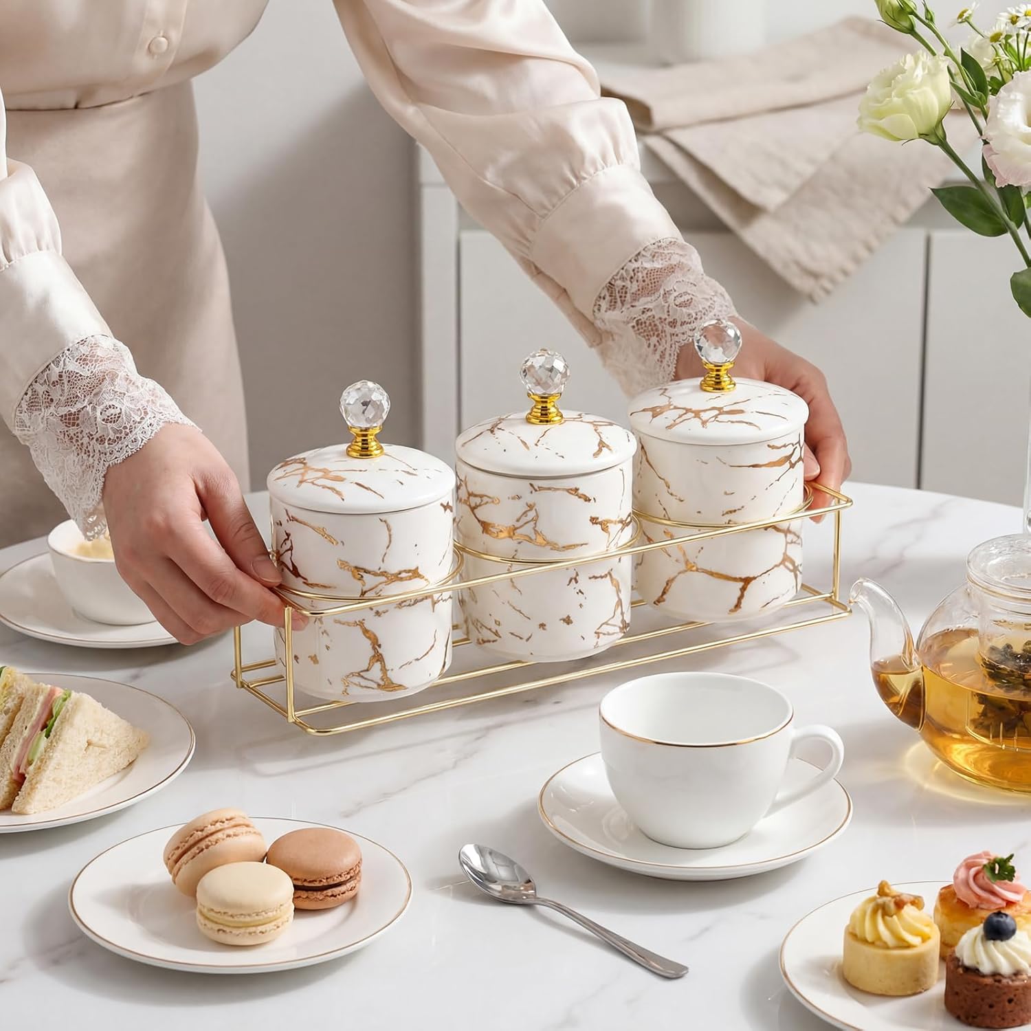 3 Pcs Ceramic Coffee Accessories Set for Sugar, Coffee and Tea Ceramic Seasoning Jar with Lid Metal Base Marble Pattern Storage Jars Kitchen Condiment Container Spice Canisters Bar Supplies