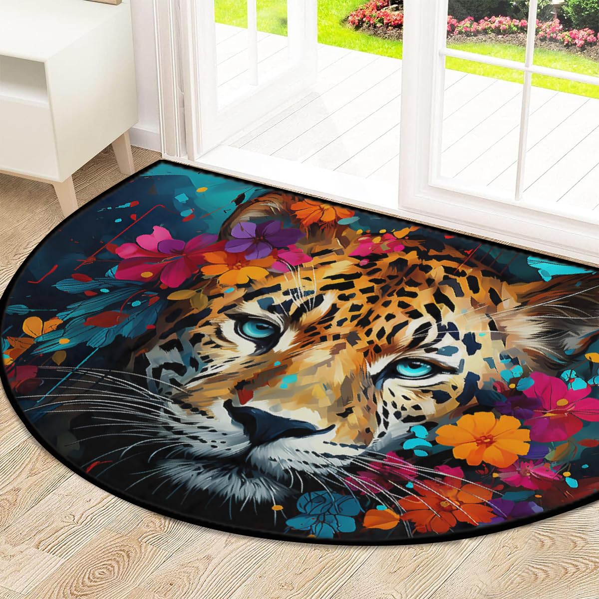 Mexpekil Paillasson demi-rond antidérapant lavable en demi-lune avec visage de léopard pour intérieur et extérieur - Attrape la saleté - 100 x 160 cm