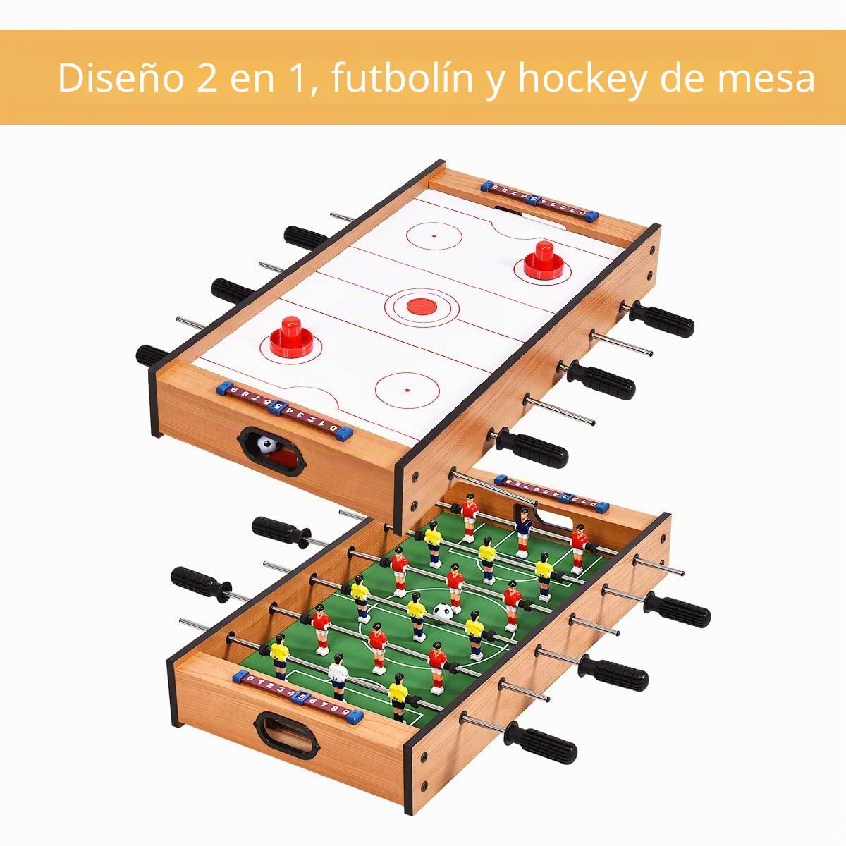 GOPLUS Futbolín Air Hocky 2 en 1, Juego de Futbolín de Madera con Asas Duraderas, Juego de Mesa Multifucional sin Patas, Ideal para Niños y Adultos, Familias Fiesta, 69×36×10 cm