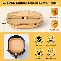 Vista 3 de 375 forros de papel para freidora de aire, cuadrados de 8 pulgadas, desechables, papel pergamino resistente para freidora de aire de 5 a 8 cuartos